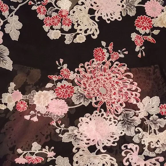 Twenty One Black & Pink Floral 3/4 Sleeve Tie Back V-Neck Kimono Blouse Size S - Picture 5 of 10